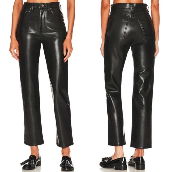 Agolde 90’s Leather Pinch Waist Black Pants Recycled Straight Leg Size 24 - Picture 5 of 13